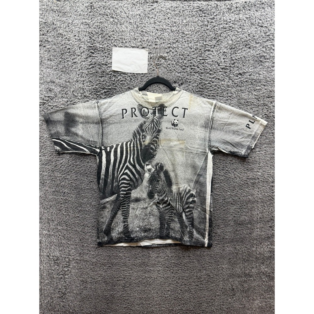 Vintage 1991 World Wildlife Fund Protect Zebra AOP Short Sleeve T-Shirt Size L